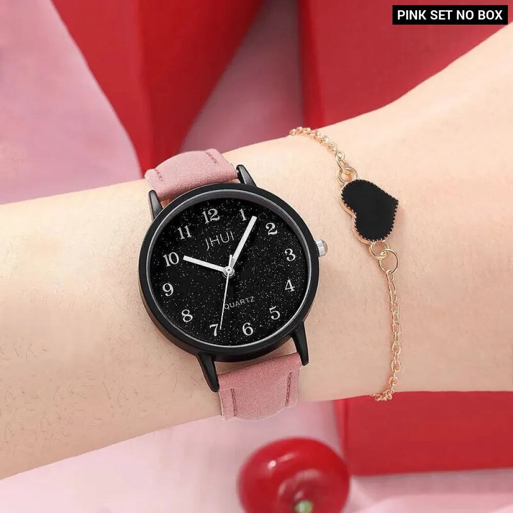 2 Piece Starry Sky Quartz Watch Set Leather Band Heart Bracelet