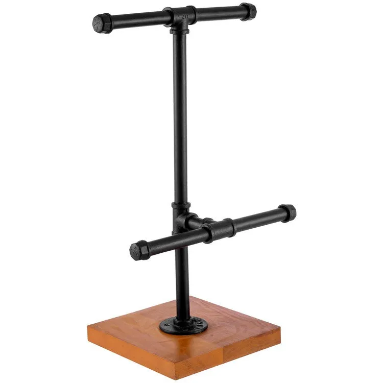 2-Tier Metal Industrial Black Pipe T-Bar Jewelry Display Rack and Necklace Hanger with Wood Base