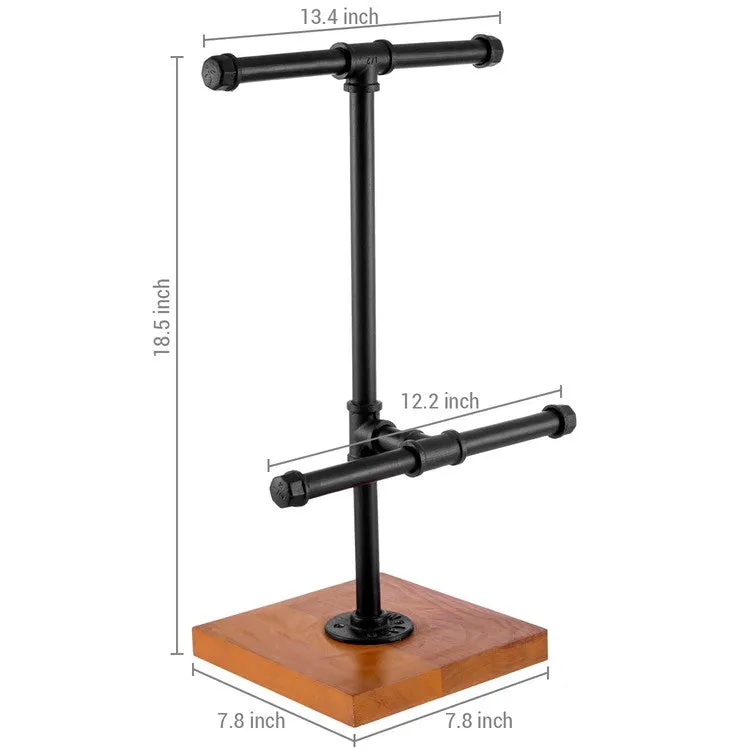 2-Tier Metal Industrial Black Pipe T-Bar Jewelry Display Rack and Necklace Hanger with Wood Base