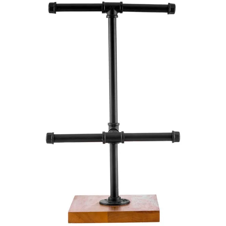 2-Tier Metal Industrial Black Pipe T-Bar Jewelry Display Rack and Necklace Hanger with Wood Base