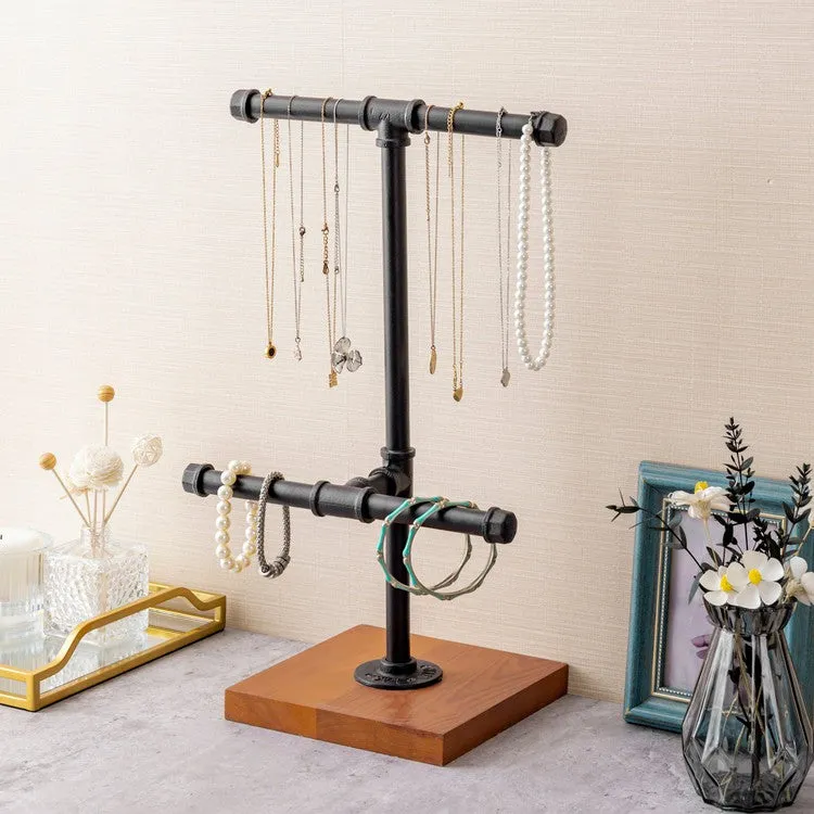 2-Tier Metal Industrial Black Pipe T-Bar Jewelry Display Rack and Necklace Hanger with Wood Base