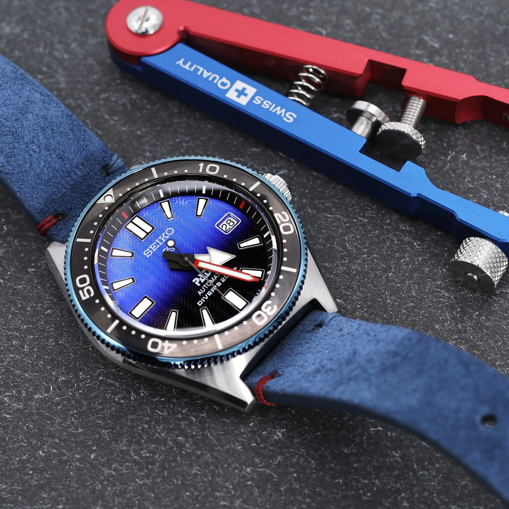 20mm Blue Quick Release Italian Suede Leather Strap, Blue - Red St.