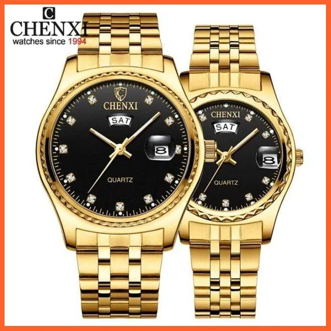 2Pcs/Set Couples Stainless Steel Watches | Golden Quartz Waterproof Wristwatch Top Brand Luxury Fashion Casual Men & Women Watches