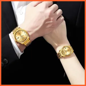 2Pcs/Set Couples Stainless Steel Watches | Golden Quartz Waterproof Wristwatch Top Brand Luxury Fashion Casual Men & Women Watches