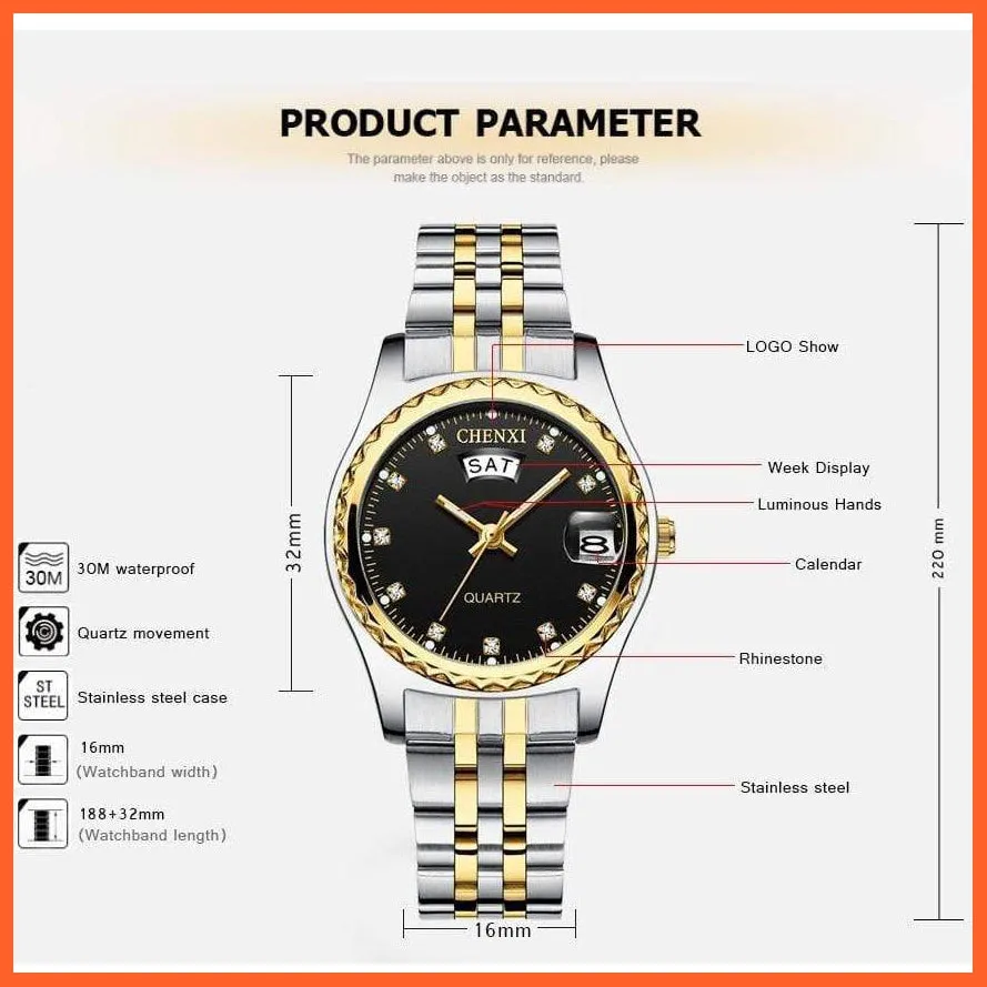 2Pcs/Set Couples Stainless Steel Watches | Golden Quartz Waterproof Wristwatch Top Brand Luxury Fashion Casual Men & Women Watches