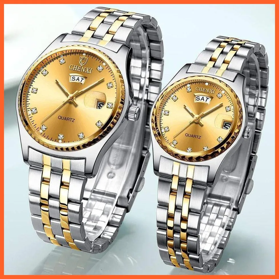 2Pcs/Set Couples Stainless Steel Watches | Golden Quartz Waterproof Wristwatch Top Brand Luxury Fashion Casual Men & Women Watches