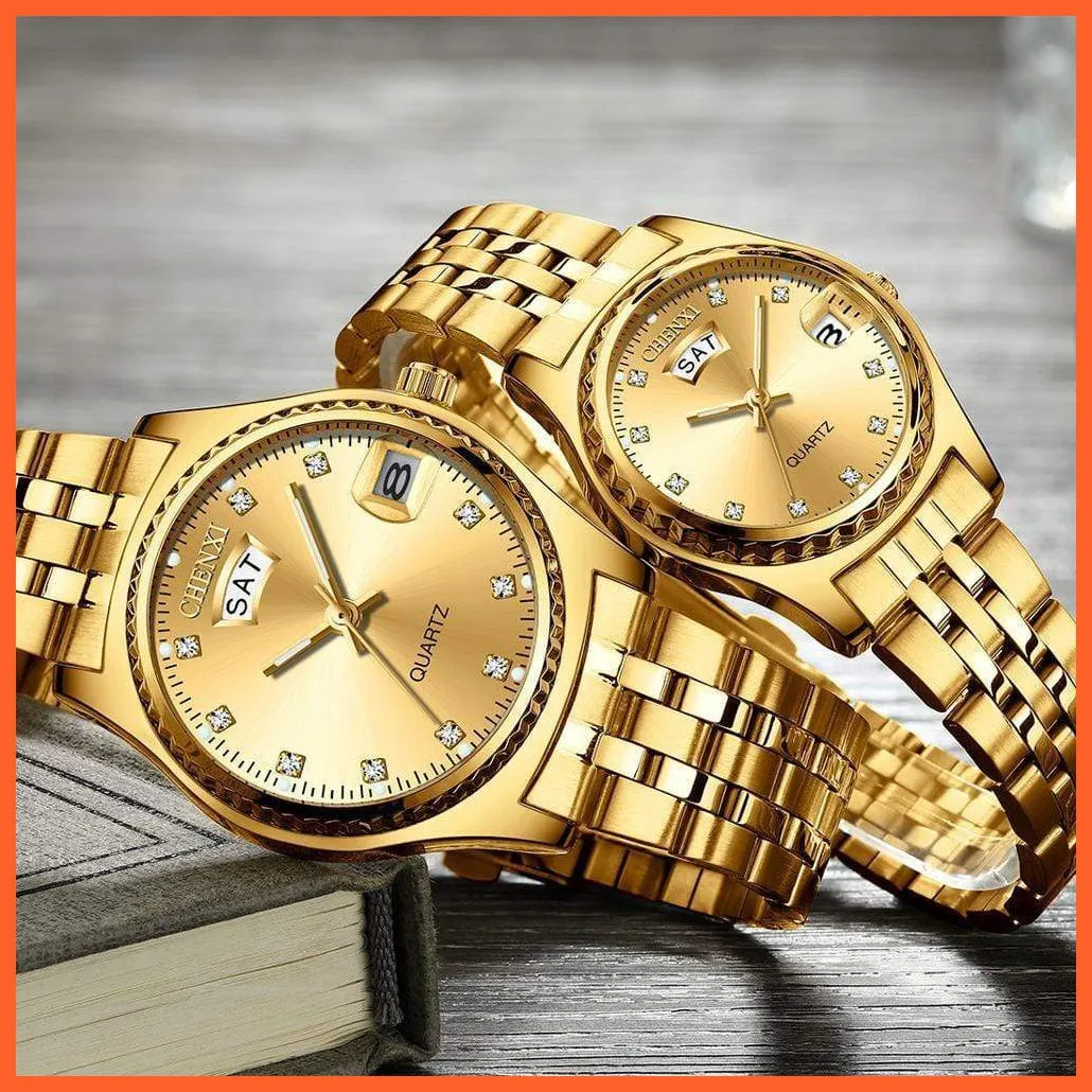 2Pcs/Set Couples Stainless Steel Watches | Golden Quartz Waterproof Wristwatch Top Brand Luxury Fashion Casual Men & Women Watches