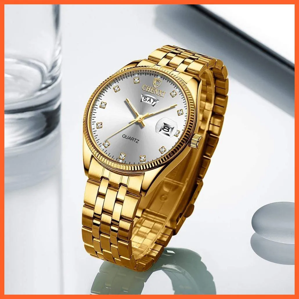 2Pcs/Set Couples Stainless Steel Watches | Golden Quartz Waterproof Wristwatch Top Brand Luxury Fashion Casual Men & Women Watches