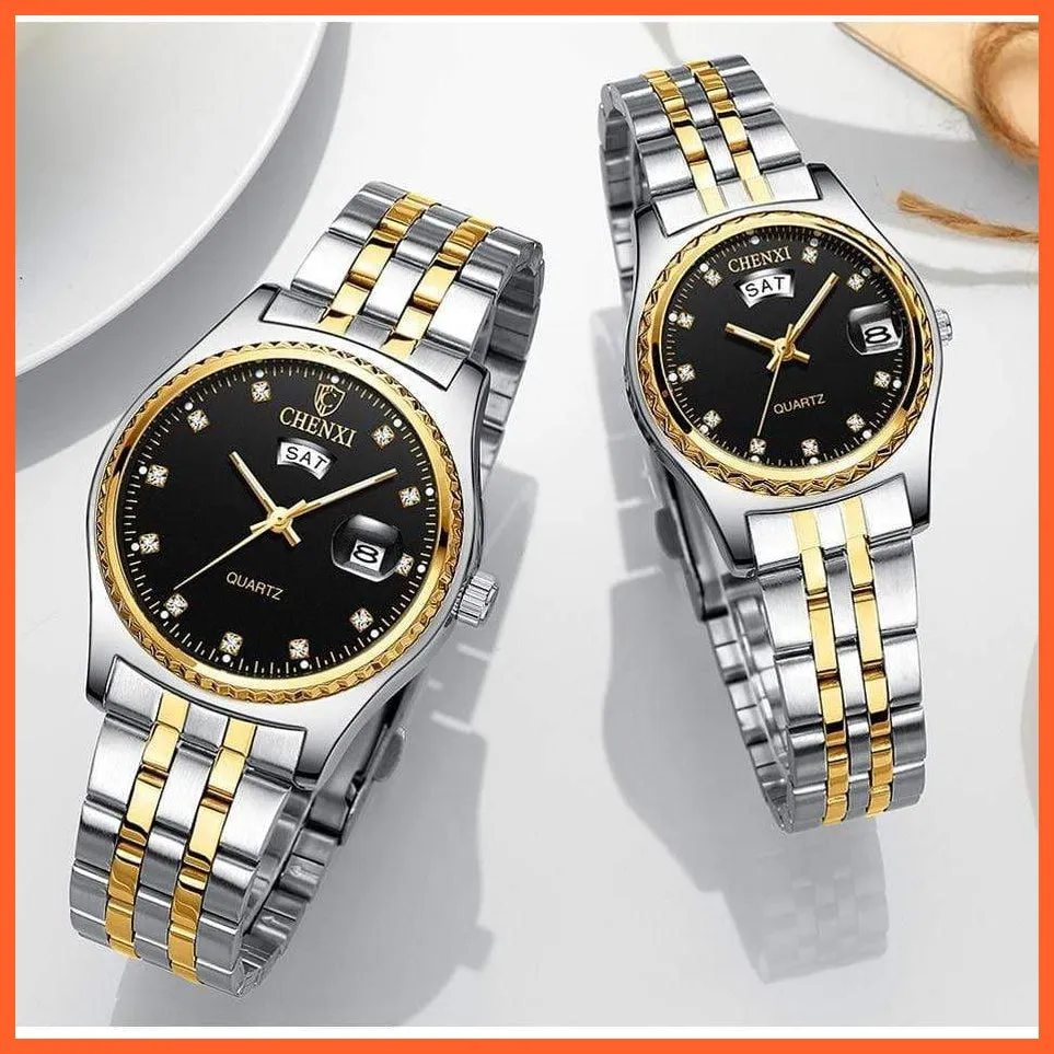 2Pcs/Set Couples Stainless Steel Watches | Golden Quartz Waterproof Wristwatch Top Brand Luxury Fashion Casual Men & Women Watches