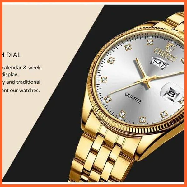 2Pcs/Set Couples Stainless Steel Watches | Golden Quartz Waterproof Wristwatch Top Brand Luxury Fashion Casual Men & Women Watches