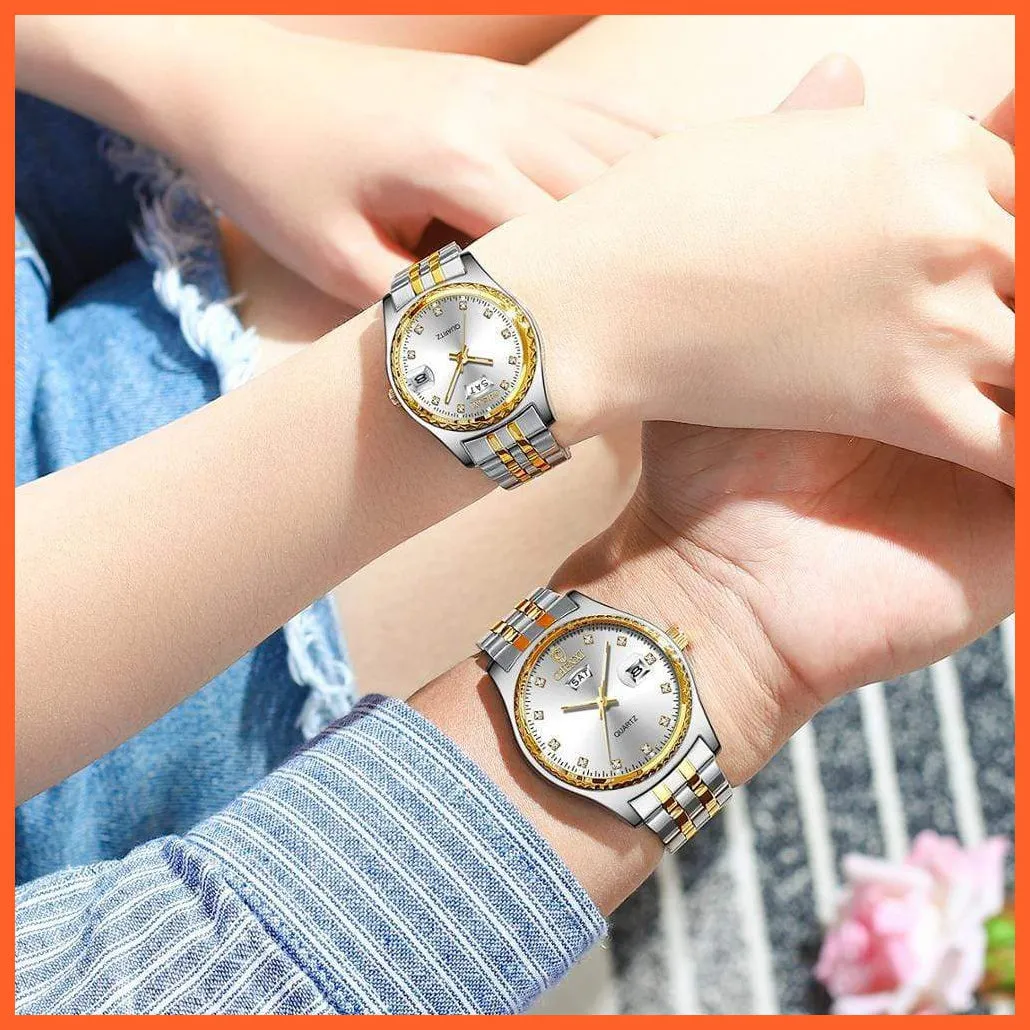 2Pcs/Set Couples Stainless Steel Watches | Golden Quartz Waterproof Wristwatch Top Brand Luxury Fashion Casual Men & Women Watches