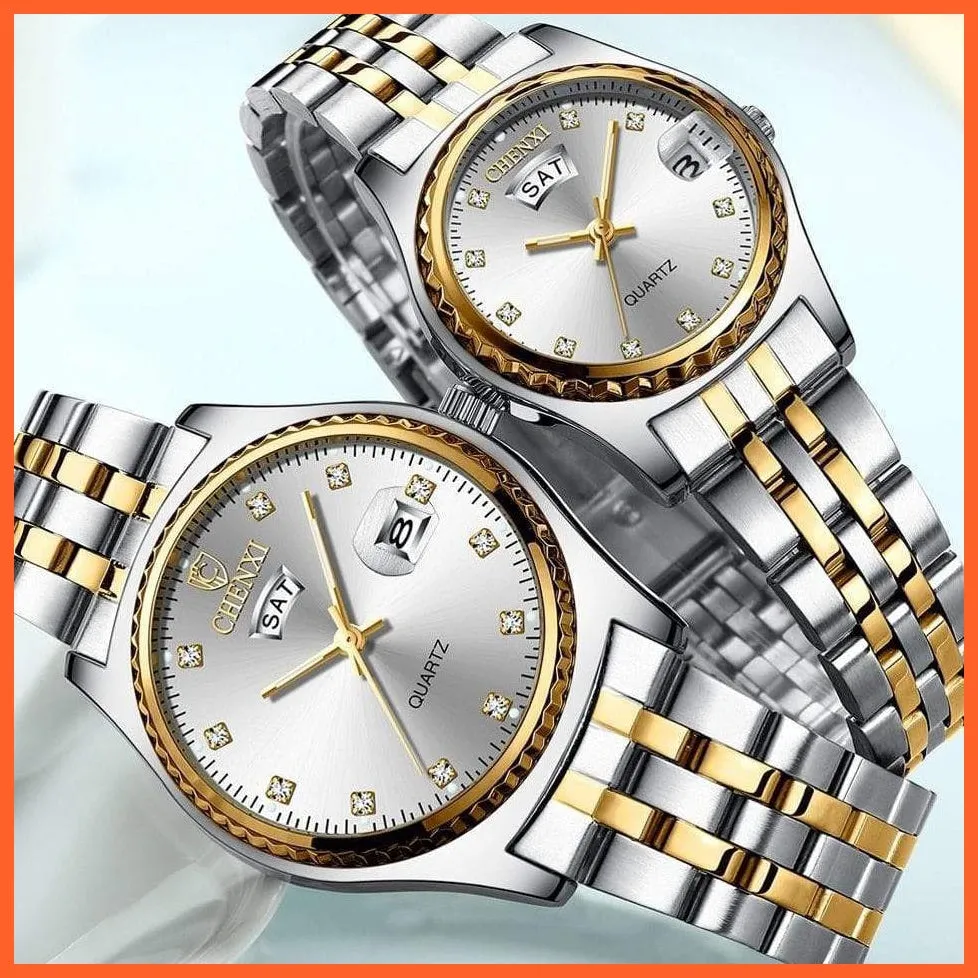 2Pcs/Set Couples Stainless Steel Watches | Golden Quartz Waterproof Wristwatch Top Brand Luxury Fashion Casual Men & Women Watches