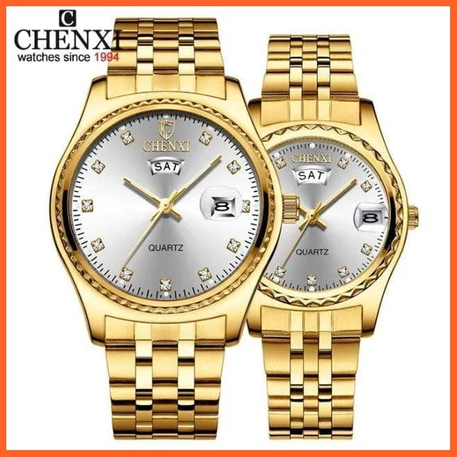 2Pcs/Set Couples Stainless Steel Watches | Golden Quartz Waterproof Wristwatch Top Brand Luxury Fashion Casual Men & Women Watches