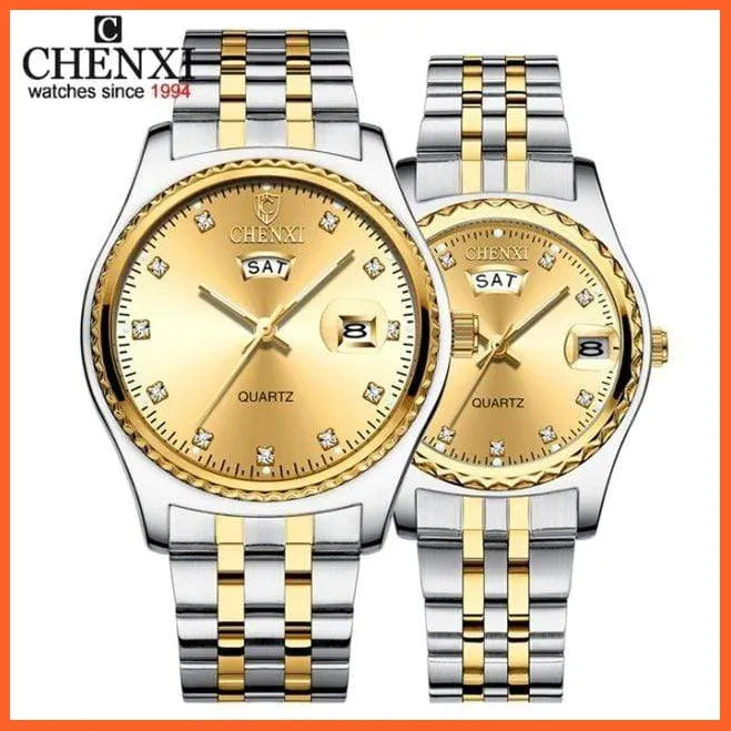 2Pcs/Set Couples Stainless Steel Watches | Golden Quartz Waterproof Wristwatch Top Brand Luxury Fashion Casual Men & Women Watches