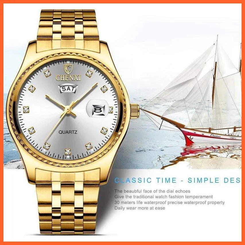 2Pcs/Set Couples Stainless Steel Watches | Golden Quartz Waterproof Wristwatch Top Brand Luxury Fashion Casual Men & Women Watches