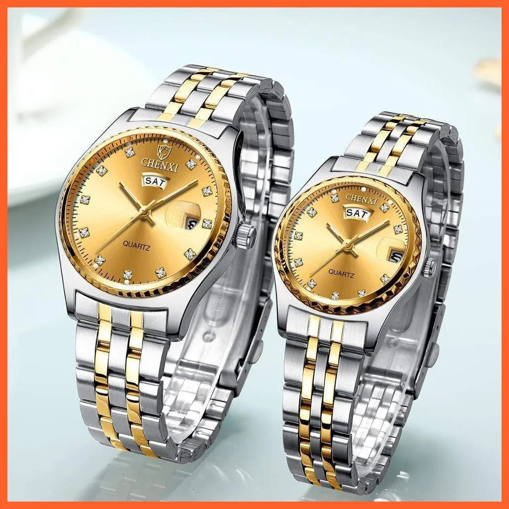 2Pcs/Set Couples Stainless Steel Watches | Golden Quartz Waterproof Wristwatch Top Brand Luxury Fashion Casual Men & Women Watches