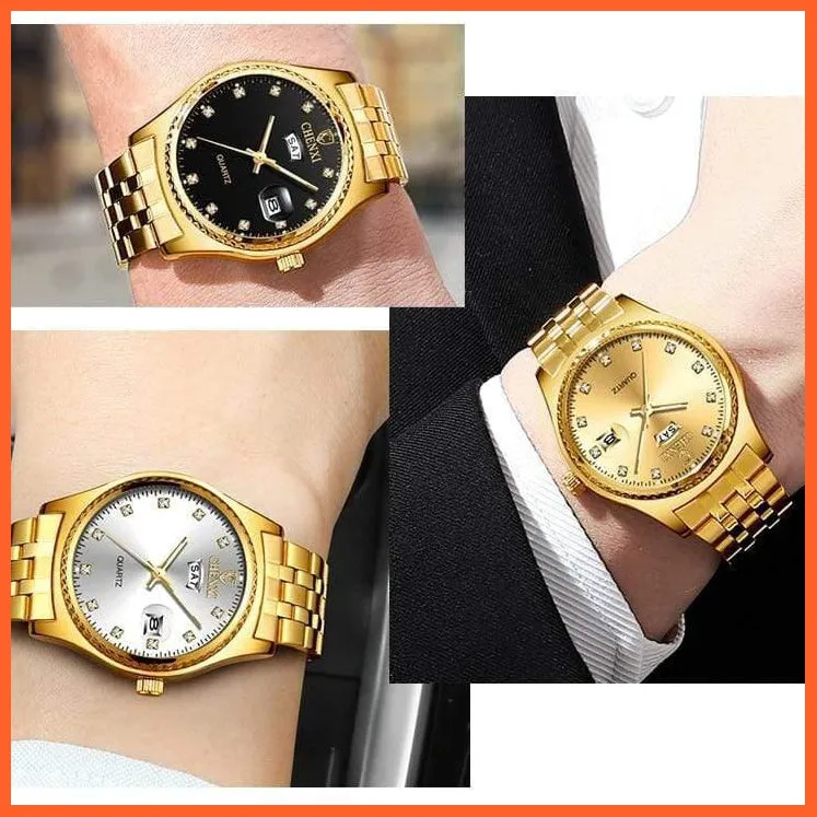 2Pcs/Set Couples Stainless Steel Watches | Golden Quartz Waterproof Wristwatch Top Brand Luxury Fashion Casual Men & Women Watches