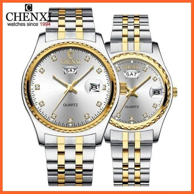 2Pcs/Set Couples Stainless Steel Watches | Golden Quartz Waterproof Wristwatch Top Brand Luxury Fashion Casual Men & Women Watches