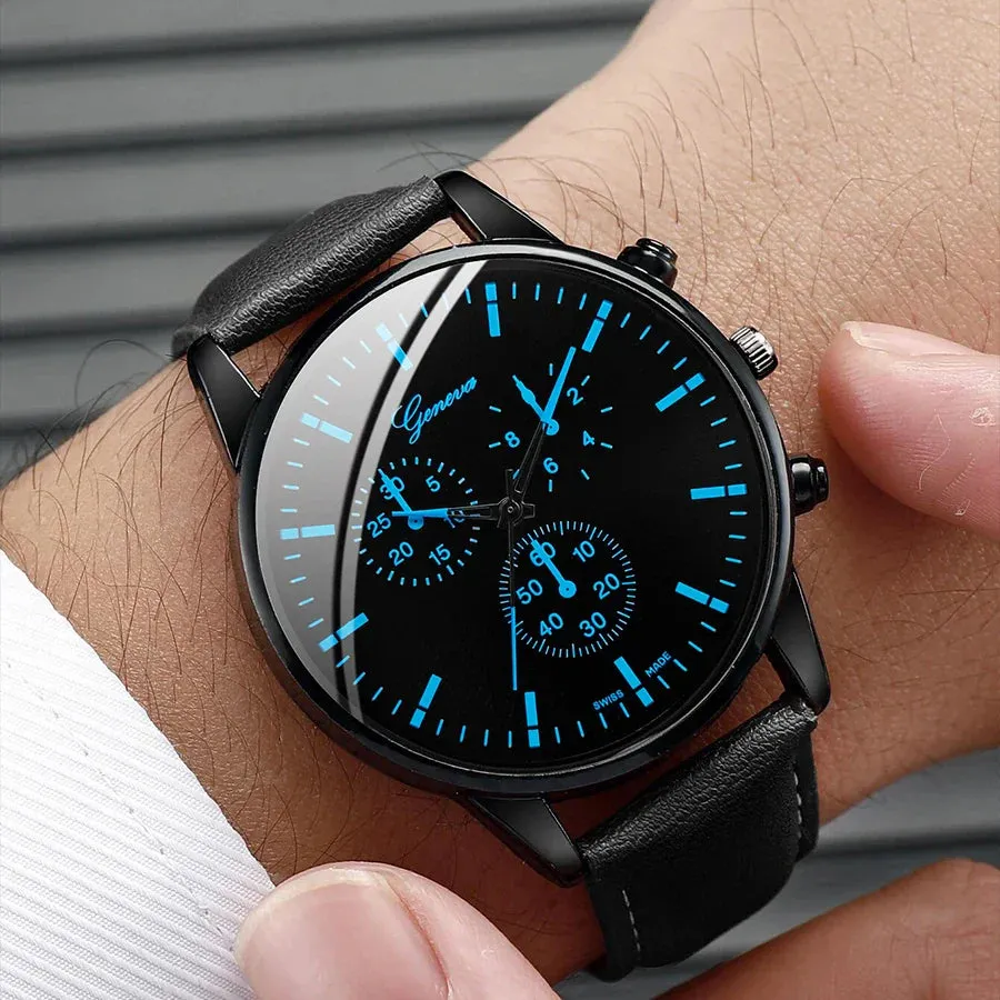 3 Piece Mens Business Watch Set Leather Band Quartz Movement