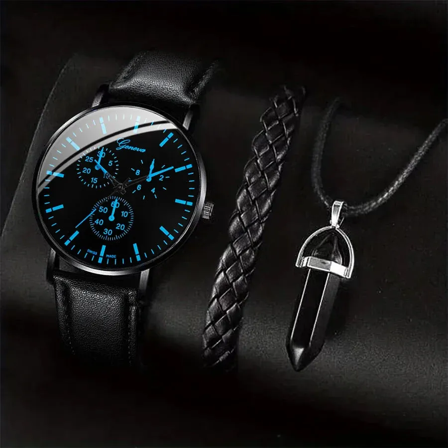 3 Piece Mens Business Watch Set Leather Band Quartz Movement