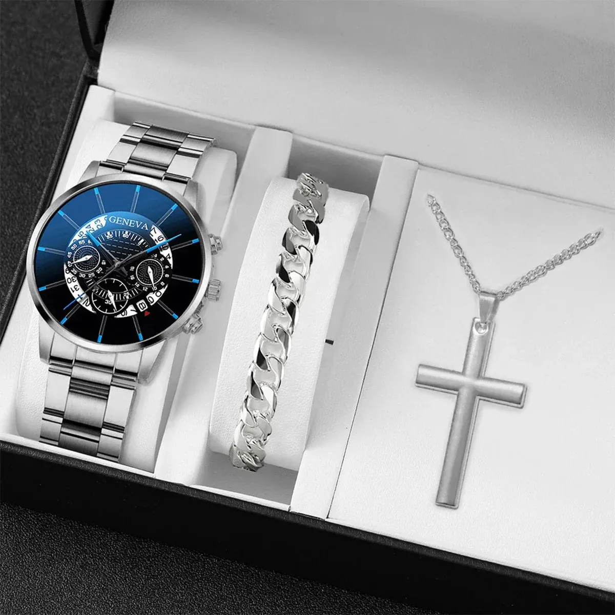 3 Piece Mens Business Watch Set Steel Band Quartz Movement