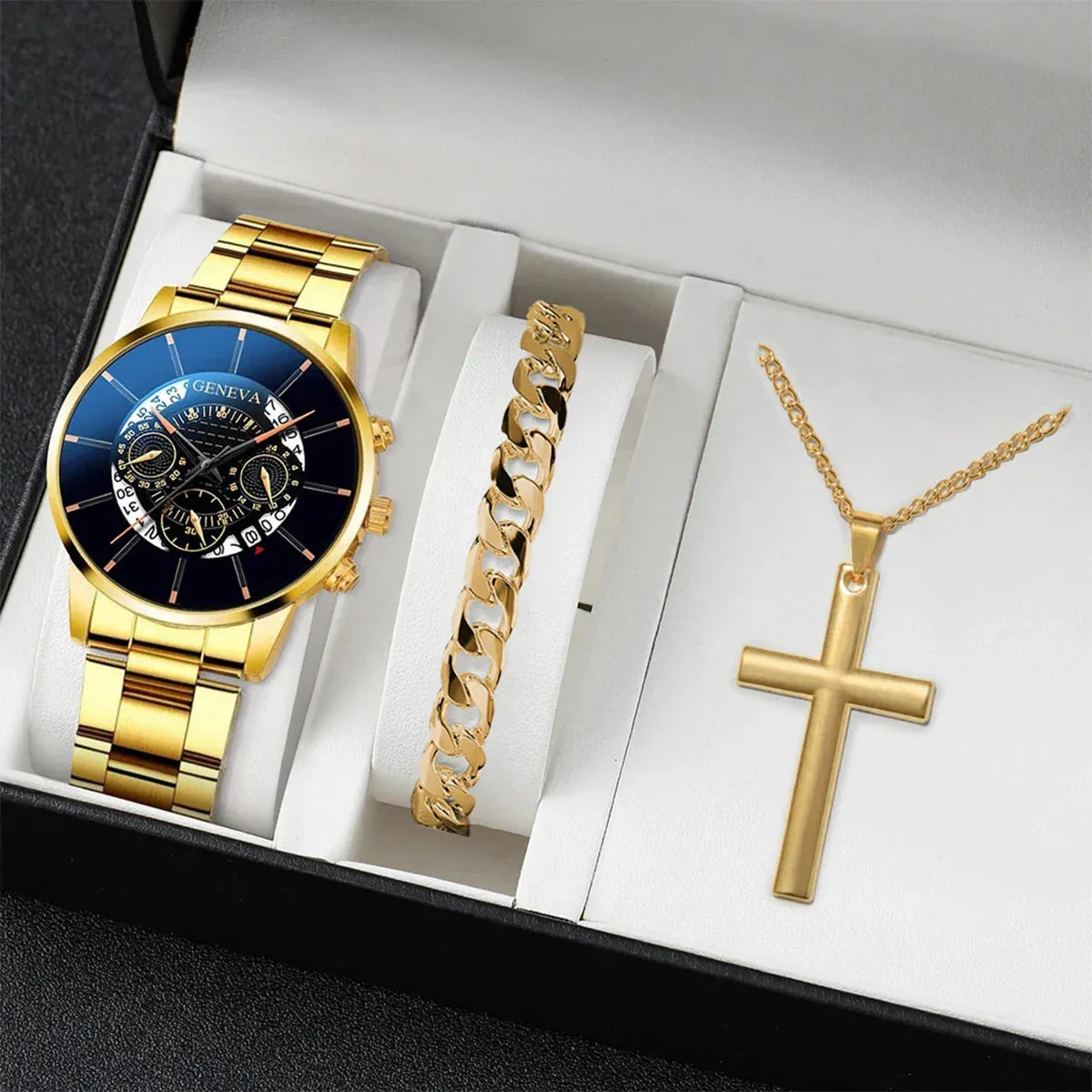3 Piece Mens Business Watch Set Steel Band Quartz Movement