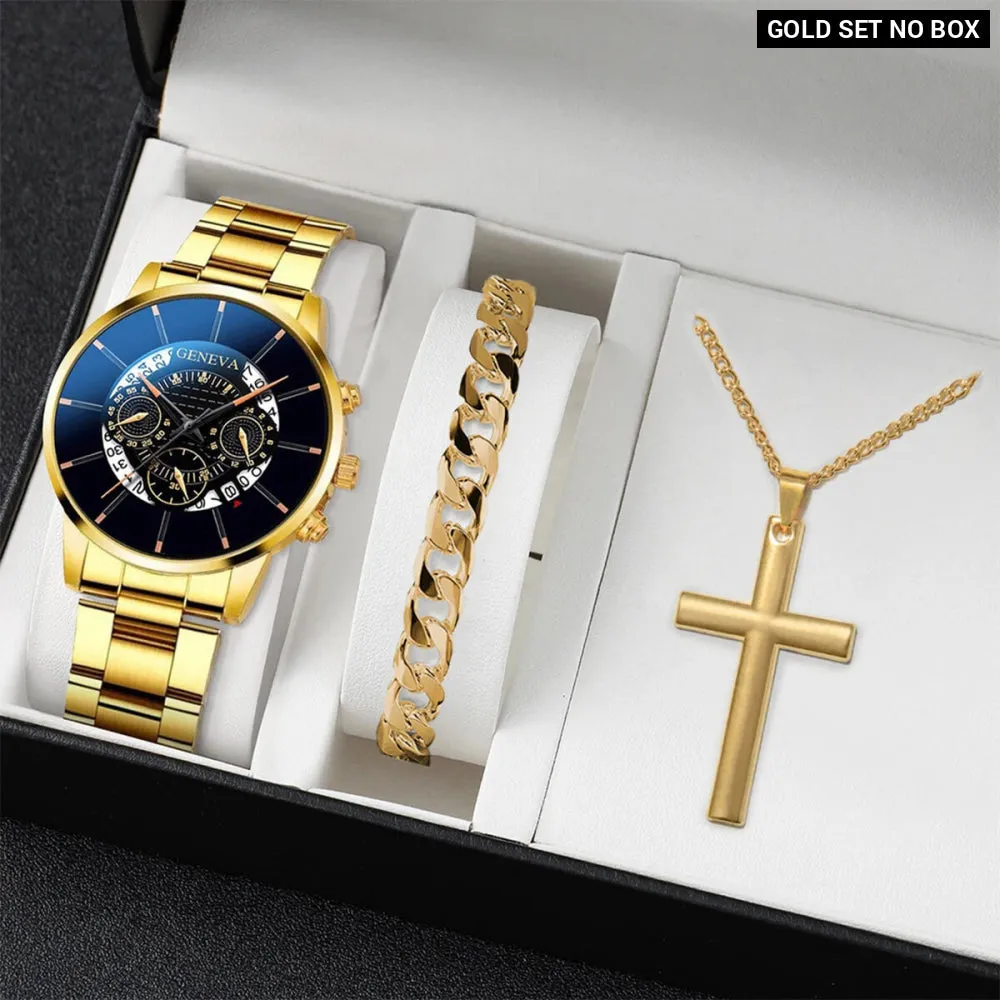 3 Piece Mens Business Watch Set Steel Band Quartz Movement