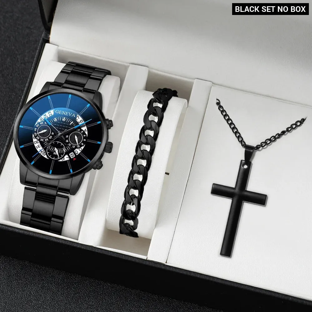 3 Piece Mens Business Watch Set Steel Band Quartz Movement