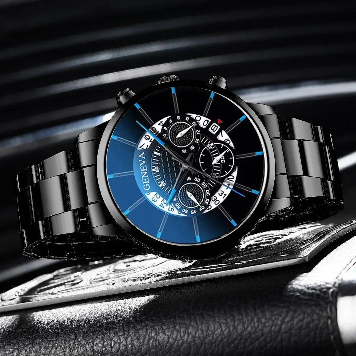 3 Piece Mens Business Watch Set Steel Band Quartz Movement