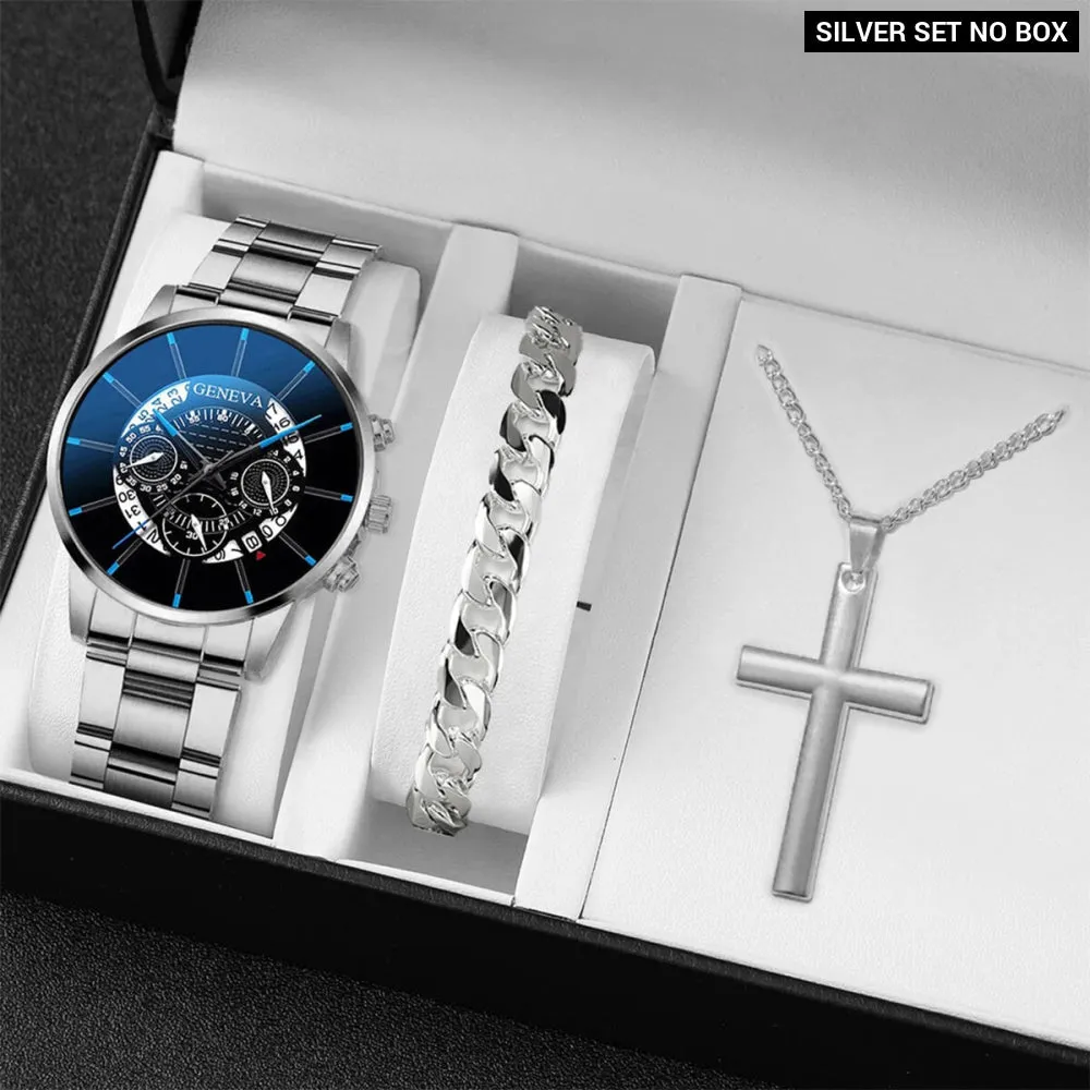 3 Piece Mens Business Watch Set Steel Band Quartz Movement