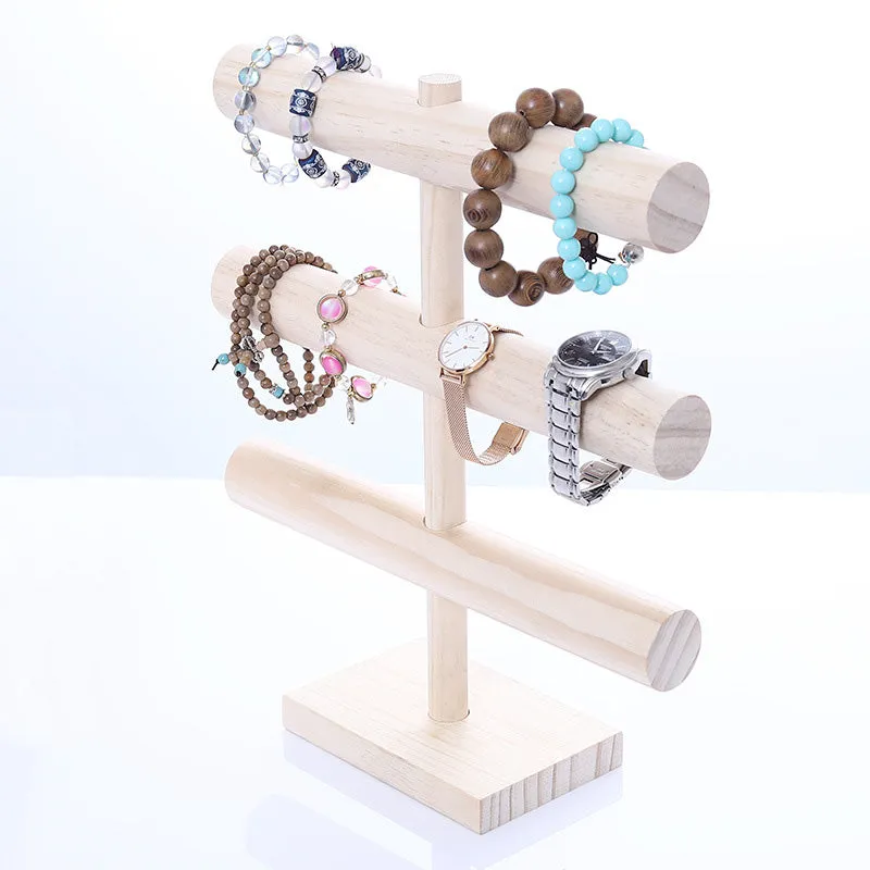 3 Tier Natural Wood Round T-Bar Jewelry Display