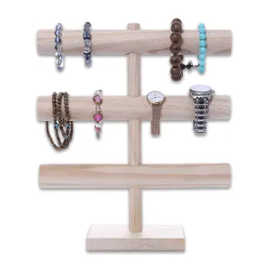 3 Tier Natural Wood Round T-Bar Jewelry Display