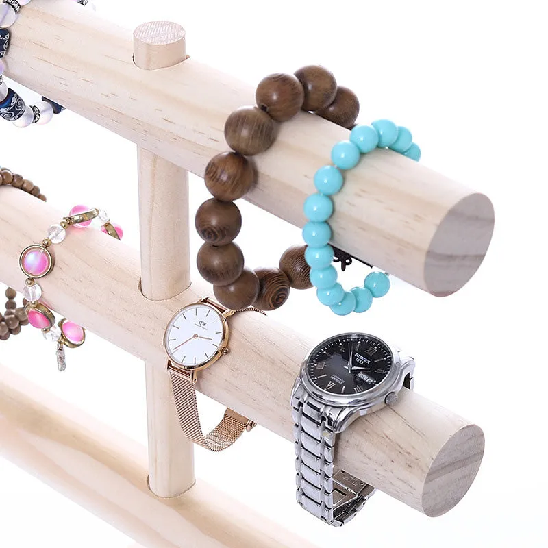 3 Tier Natural Wood Round T-Bar Jewelry Display