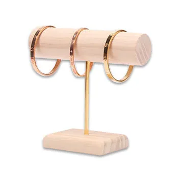 6" Natural Wood Single Round T-Bar Display with Gold Accent