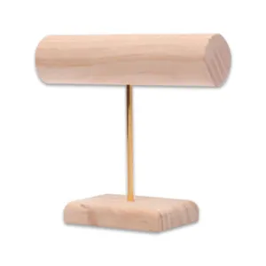 6" Natural Wood Single Round T-Bar Display with Gold Accent
