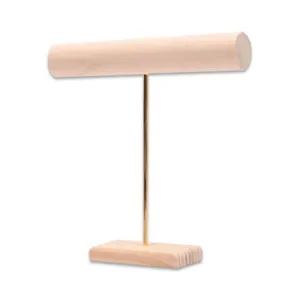 9" Natural Wood Single Round T-Bar Display with Gold Accent