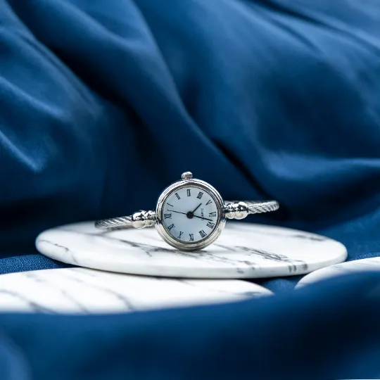 Adjustable Bangle Bracelet Watch with White Roman Dial