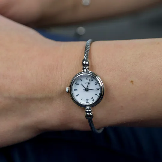 Adjustable Bangle Bracelet Watch with White Roman Dial