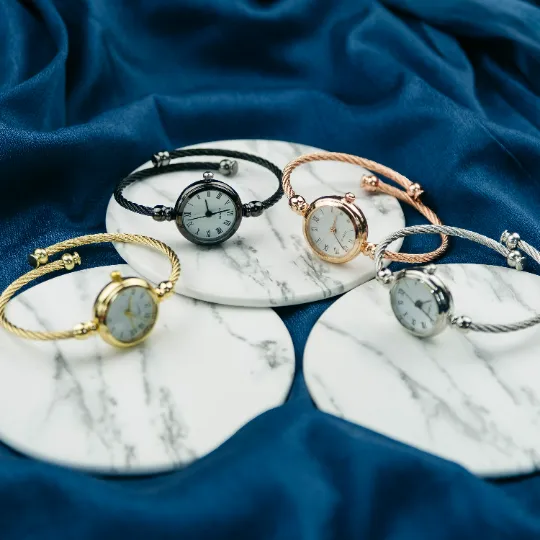 Adjustable Bangle Bracelet Watch with White Roman Dial
