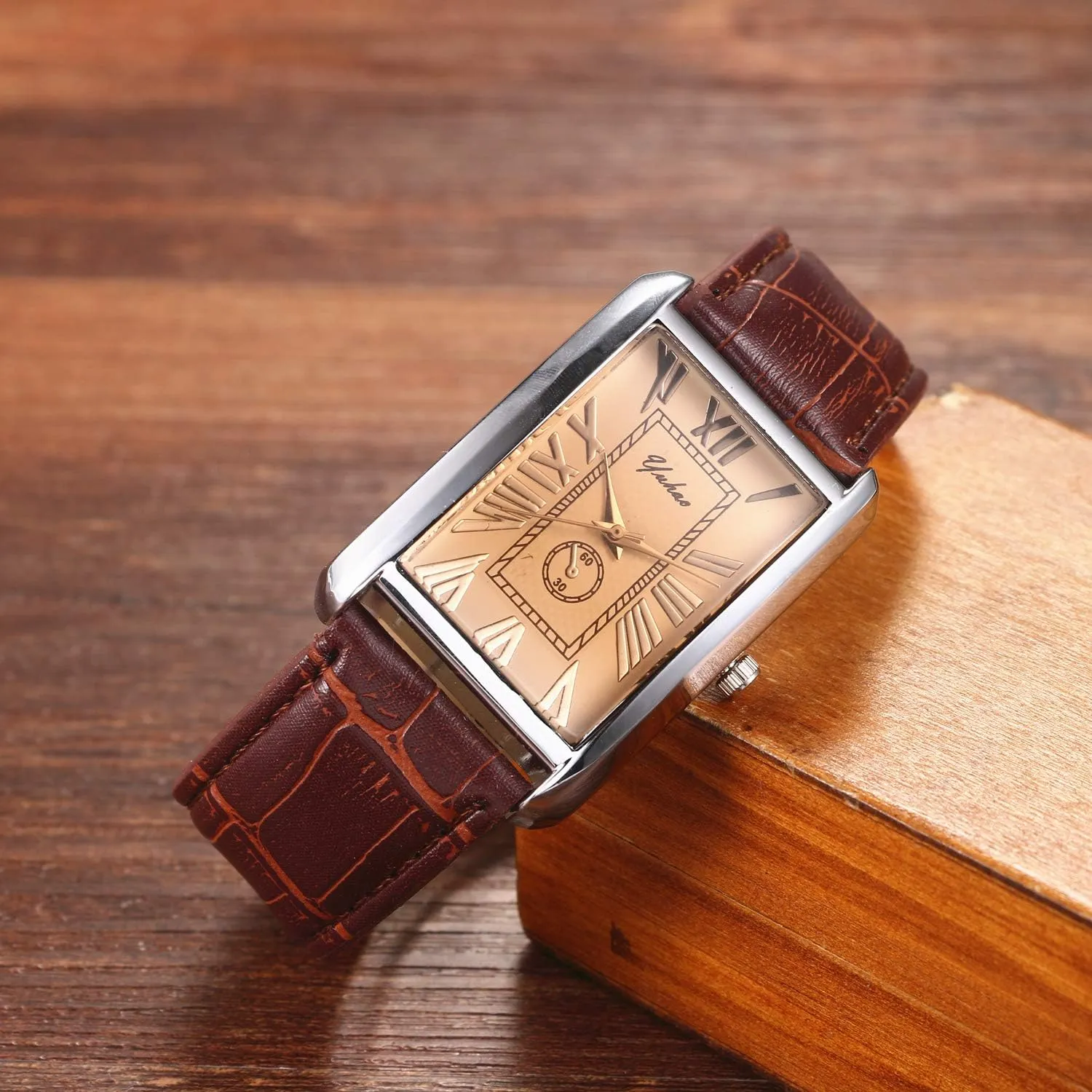 Avaner Mens Square Watch, Vintage Leather Cuff Watch, Roman Numeral Analog Quartz Wristwatch, Leather Strap Classic Retro Watch with Auto Calendar Window