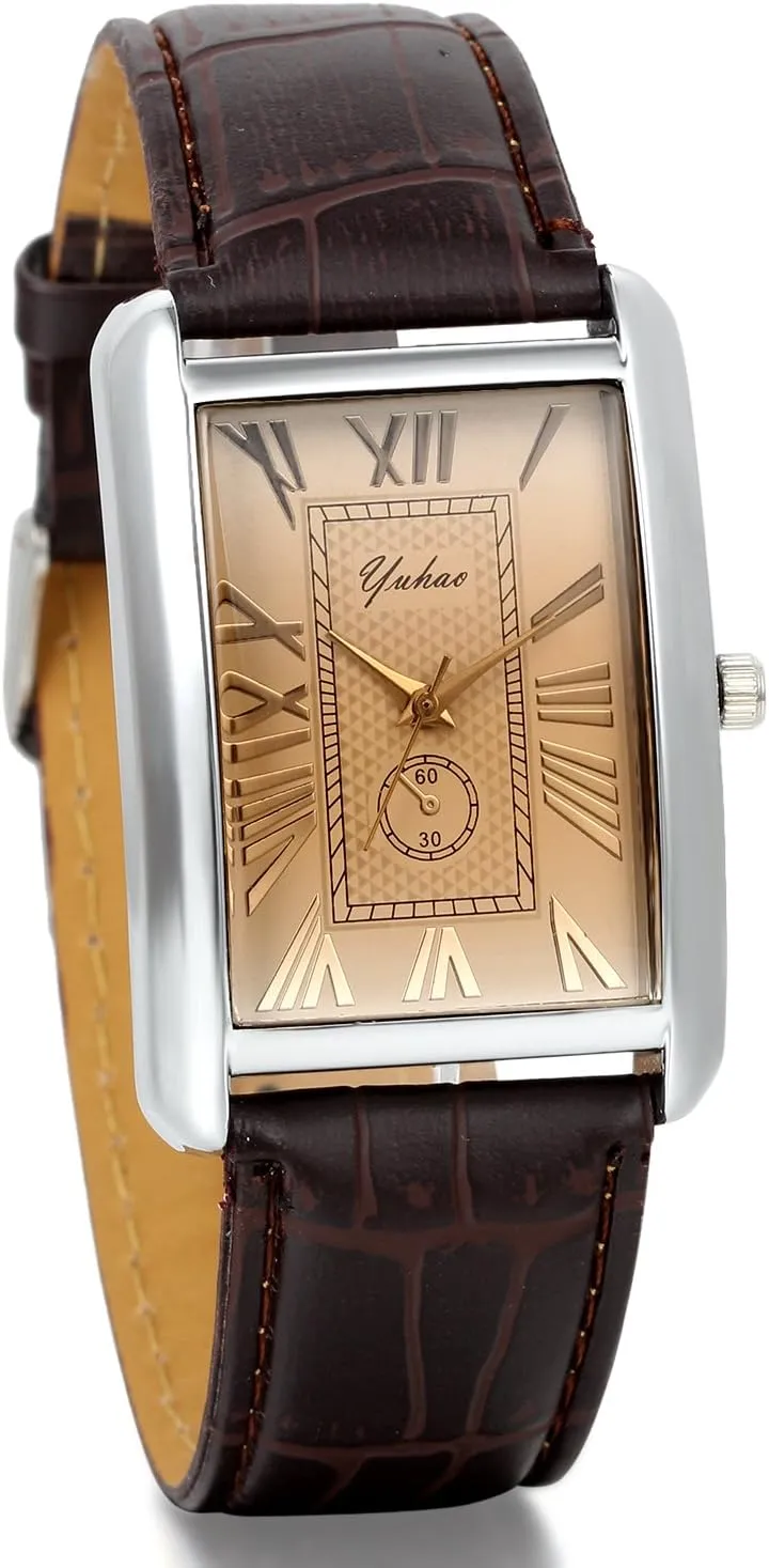 Avaner Mens Square Watch, Vintage Leather Cuff Watch, Roman Numeral Analog Quartz Wristwatch, Leather Strap Classic Retro Watch with Auto Calendar Window