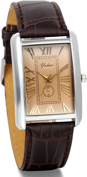 Avaner Mens Square Watch, Vintage Leather Cuff Watch, Roman Numeral Analog Quartz Wristwatch, Leather Strap Classic Retro Watch with Auto Calendar Window