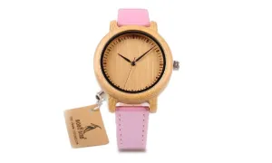 Bamboo Watch For Women Simple Pink Charming Leather Fashion Quartz Wristwatches