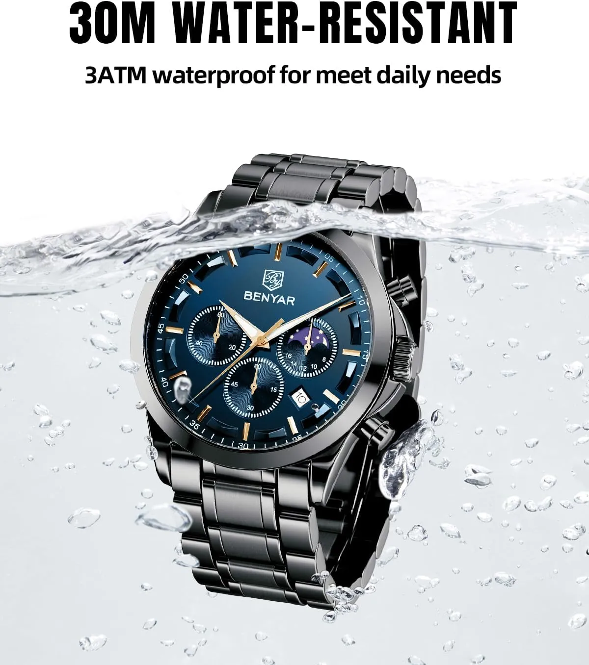 BENYAR Mens Watch Analog Quartz Movement Chronograph Stylish Casual Wristwatch with Stainless Steel Bracelets Waterproof Luminous Date Watches Elegant Gift for Men