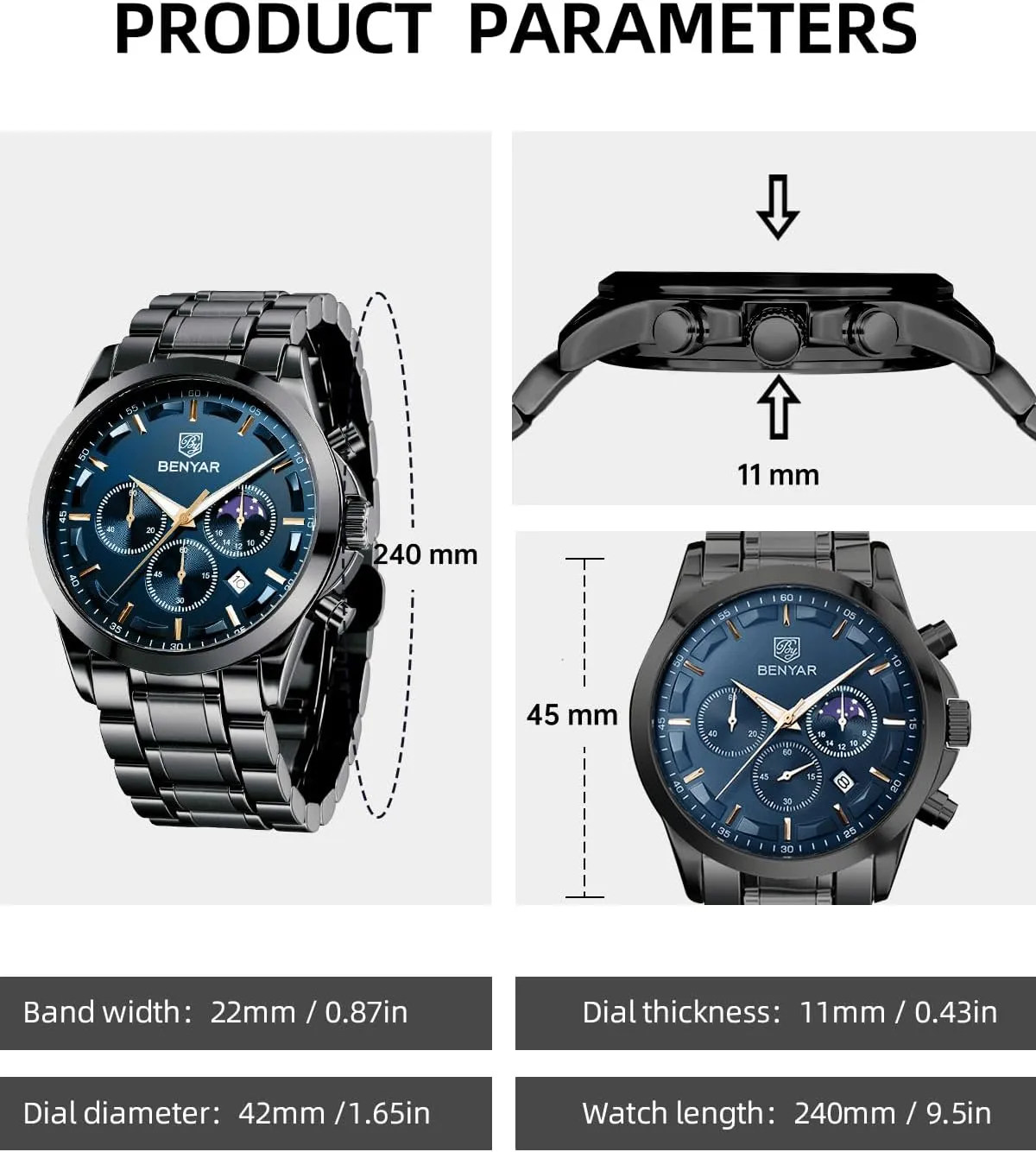 BENYAR Mens Watch Analog Quartz Movement Chronograph Stylish Casual Wristwatch with Stainless Steel Bracelets Waterproof Luminous Date Watches Elegant Gift for Men