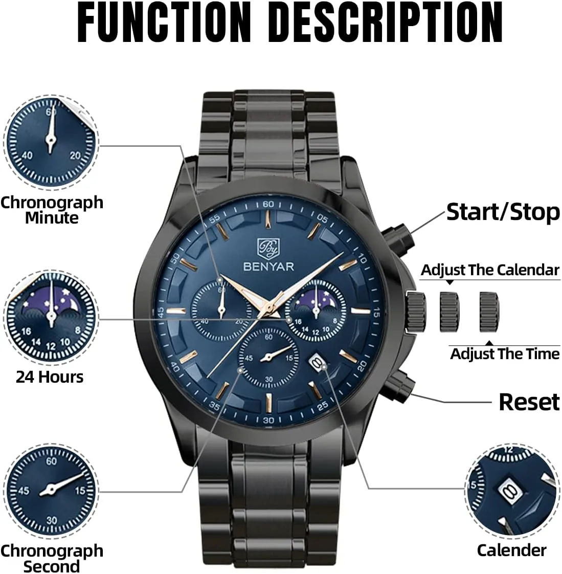 BENYAR Mens Watch Analog Quartz Movement Chronograph Stylish Casual Wristwatch with Stainless Steel Bracelets Waterproof Luminous Date Watches Elegant Gift for Men