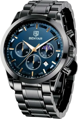 BENYAR Mens Watch Analog Quartz Movement Chronograph Stylish Casual Wristwatch with Stainless Steel Bracelets Waterproof Luminous Date Watches Elegant Gift for Men