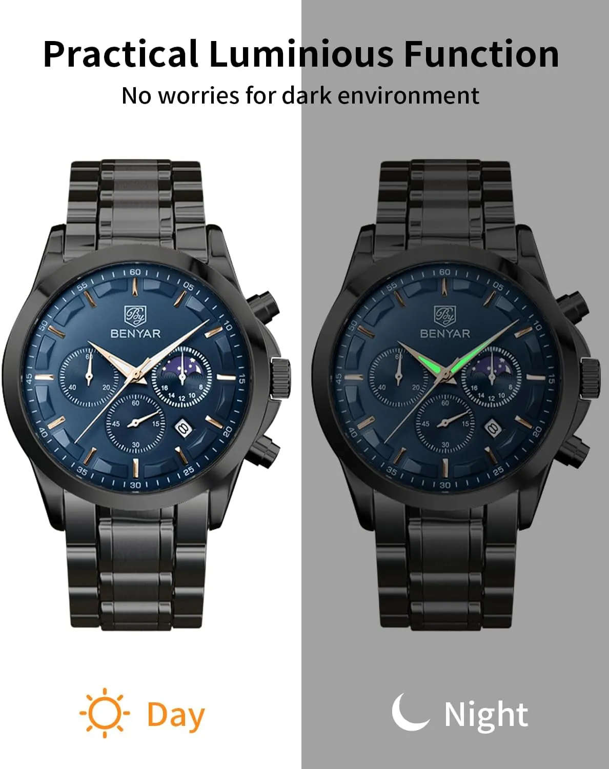 BENYAR Mens Watch Analog Quartz Movement Chronograph Stylish Casual Wristwatch with Stainless Steel Bracelets Waterproof Luminous Date Watches Elegant Gift for Men