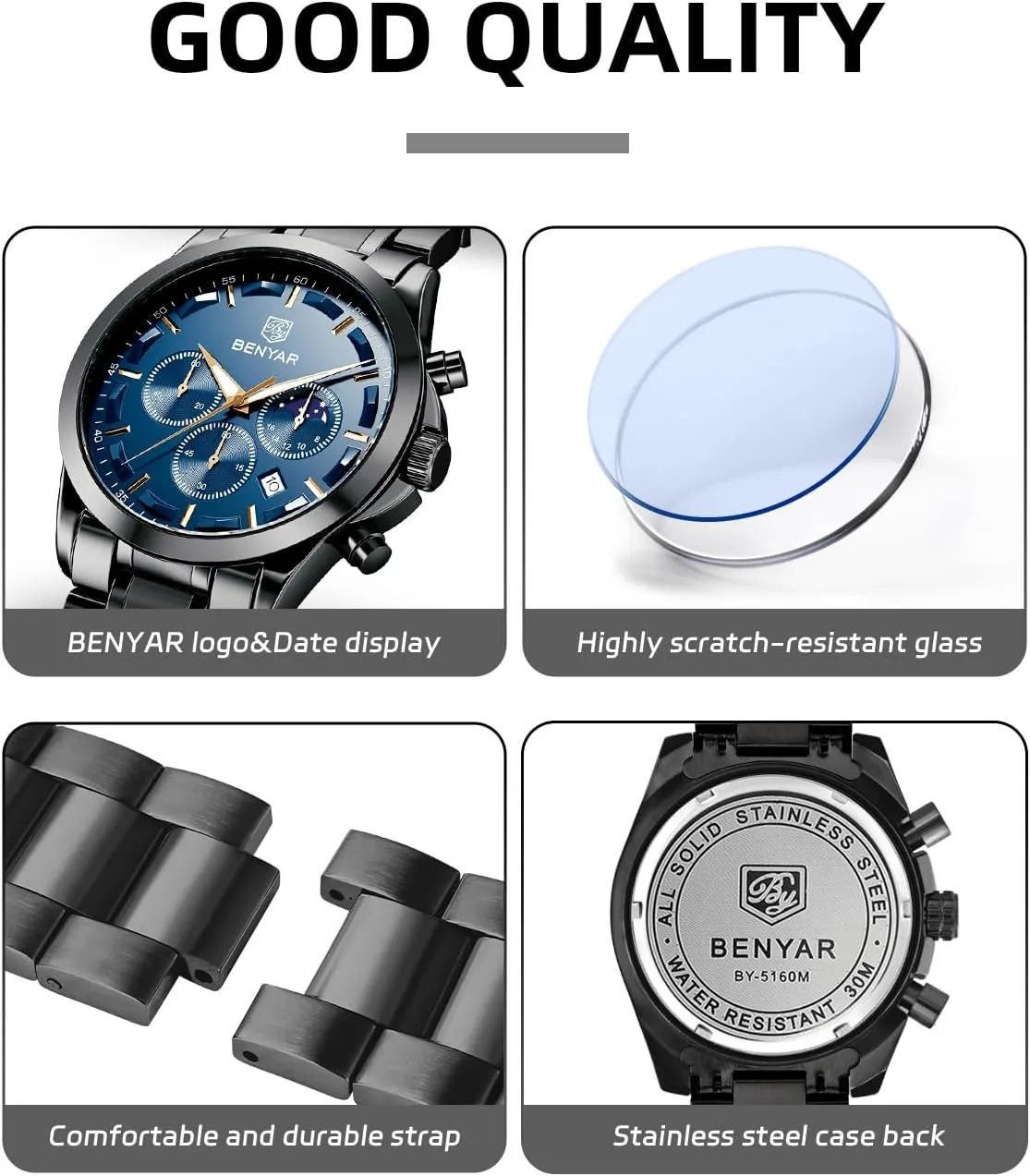 BENYAR Mens Watch Analog Quartz Movement Chronograph Stylish Casual Wristwatch with Stainless Steel Bracelets Waterproof Luminous Date Watches Elegant Gift for Men