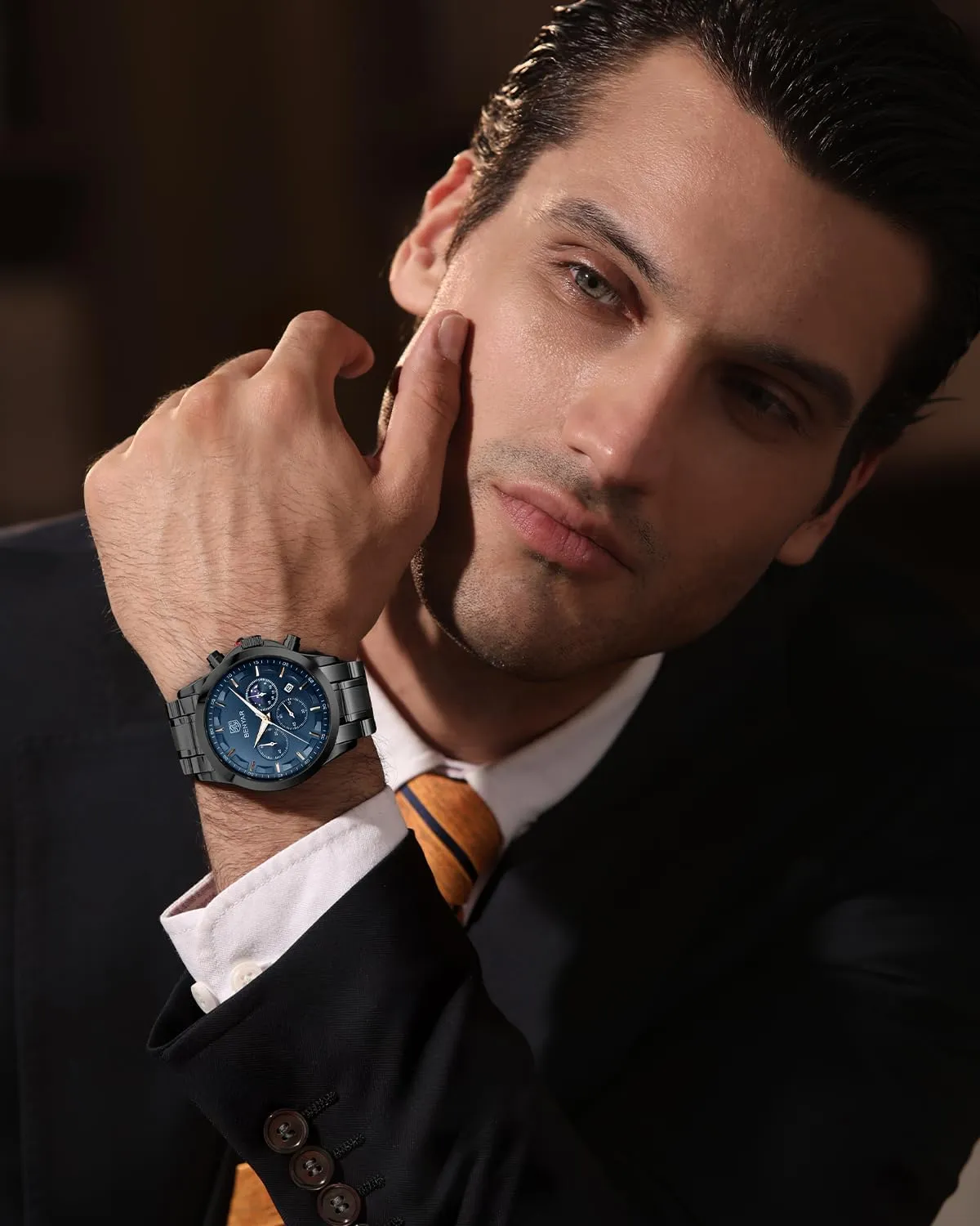 BENYAR Mens Watch Analog Quartz Movement Chronograph Stylish Casual Wristwatch with Stainless Steel Bracelets Waterproof Luminous Date Watches Elegant Gift for Men